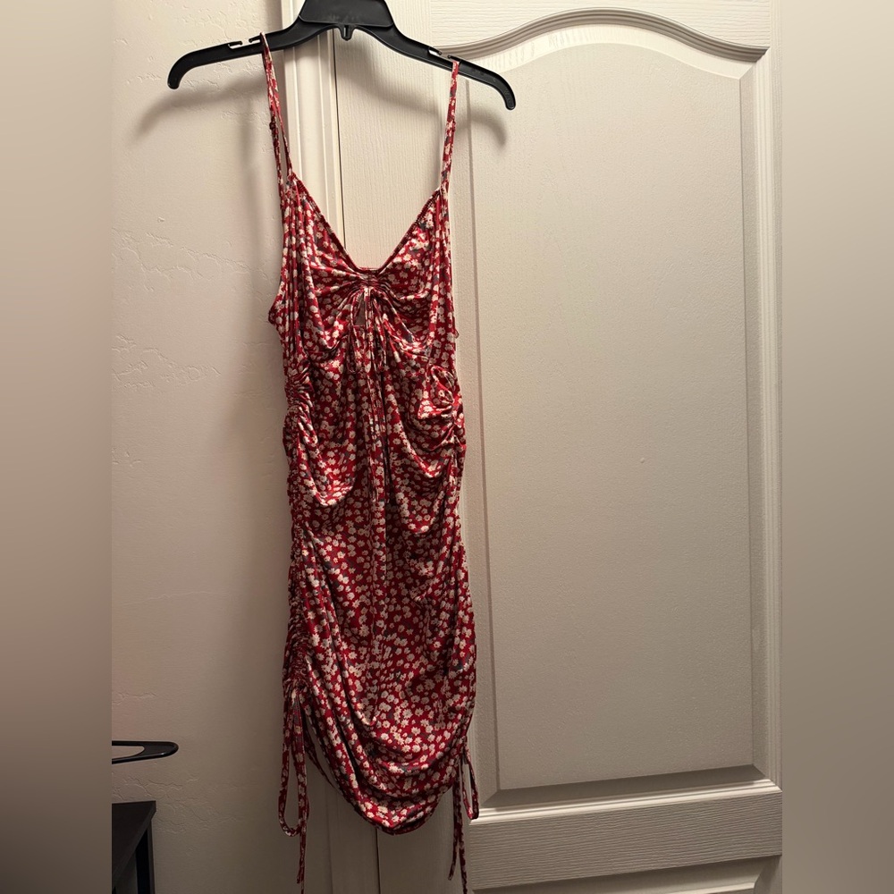 SHEIN Red Floral Ruched Bodycon Dress XL Adjustable Drawstring
